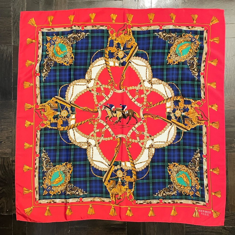 Vintage Hermès Silk Equestrian Themed Silk Scarf incredible condition 33”